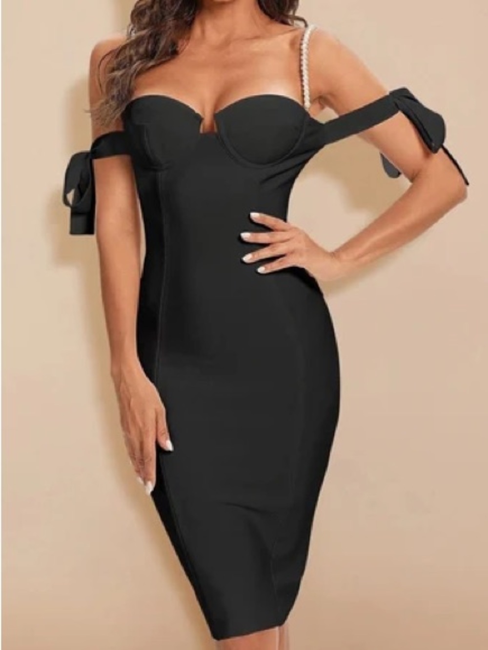 Pearl strap bodycon midi dress